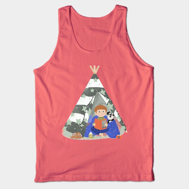 Little boy in a teepee den with story book and puppy Tank Top by NattyDesigns